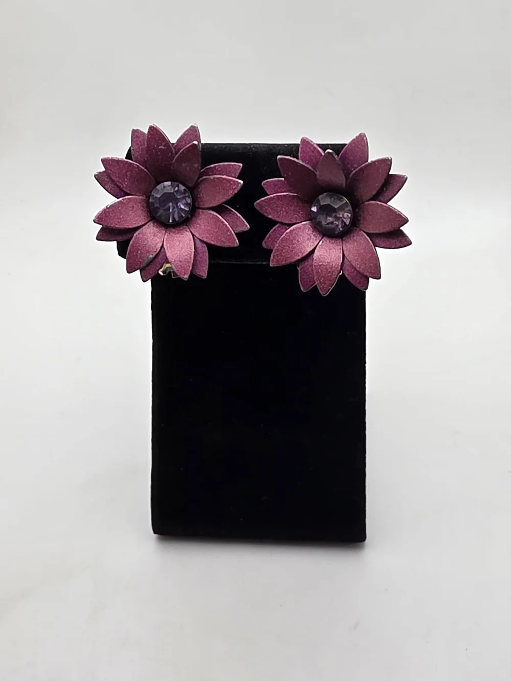 Magenta Floral Clip-On Earrings with Faceted Center Stone